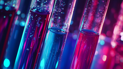 Close-up view of test tubes containing colorful liquids in a laboratory setting. Scientific research, chemistry experiments, and vibrant chemical solutions.