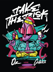 A bold and edgy graffiti-style vector artwork featuring a streetwear-inspired character. The hand-drawn details, vibrant color palette, and modern urban aesthetic make it perfect for T-shirt designs, 