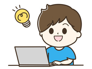 電球とひらめいたパソコンを使う男性の上半身のゆるかわイラスト