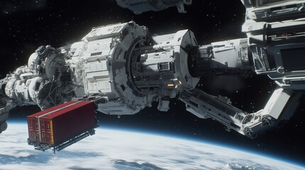 Space station with cargo ship