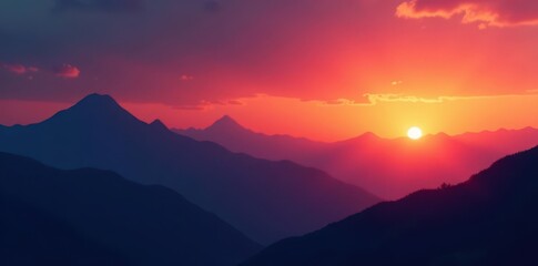 Obraz premium Sharp silhouettes of mountains bathed in sunrise's warm glow , warm, view