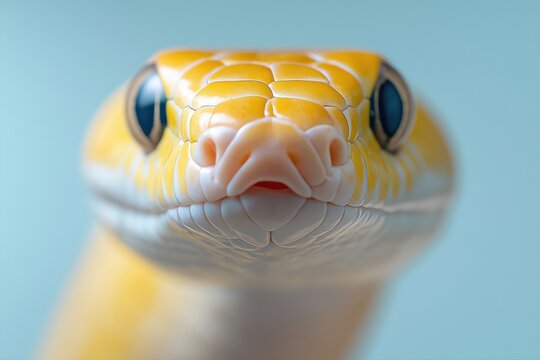 Yellow albino python staring directly at the camera with soft blue background
