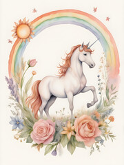 Fototapeta premium Watercolor drawing of a unicorn, sun, rainbow and flowers