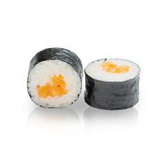 Japanese maki roll with salmon, on a white background, isolated.