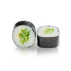 Japanese maki roll with cucumber, on a white background, isolated.