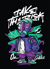 A bold and edgy graffiti-style vector artwork featuring a streetwear-inspired character. The hand-drawn details, vibrant color palette, and modern urban aesthetic make it perfect for T-shirt designs, 