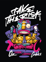 A bold and edgy graffiti-style vector artwork featuring a streetwear-inspired character. The hand-drawn details, vibrant color palette, and modern urban aesthetic make it perfect for T-shirt designs, 