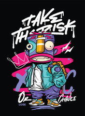 A bold and edgy graffiti-style vector artwork featuring a streetwear-inspired character. The hand-drawn details, vibrant color palette, and modern urban aesthetic make it perfect for T-shirt designs, 