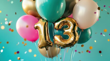 Colorful balloons with gold number 13, festive party celebration, birthday decoration, cheerful ambiance, milestone event, birthday party, confetti backdrop.