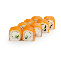 Japanese Philadelphia roll with salmon and cheese, on a white background, isolated.