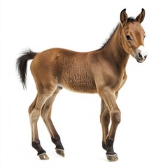 Obraz premium A young foal standing shakily, soft brown coat detailed, natural lighting, full-body shot, white background. 