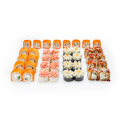 Set of Japanese rolls, assortment of different Japanese rolls, on a white background, isolated.