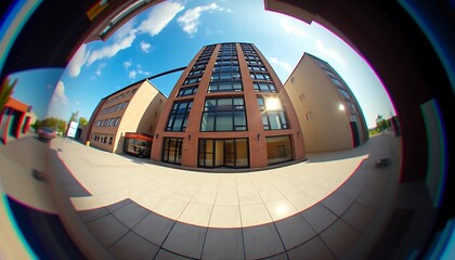 Obraz premium Tall modern building between other buildings under a bright blue sky