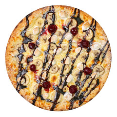 Sweet pizza with banana, cherry and marshmallow. Top view, on a white background, isolated.