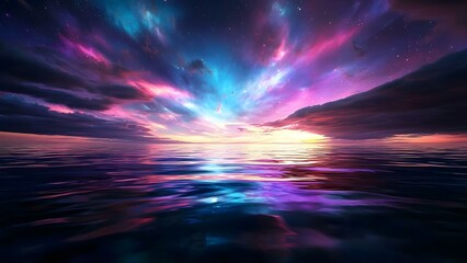 A serene ocean scene at sunset, featuring vibrant colors in the sky and reflections on the water. Concept Ocean Sunset, Vibrant Sky Colors, Water Reflections, Serene Atmosphere, Coastal Beauty