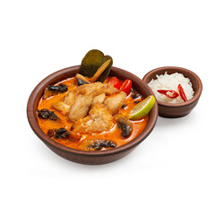 Tom yam soup with chicken, on a white background, isolated.