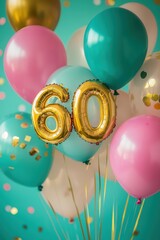 Colorful balloons with gold 60 sign, festive birthday celebration, party decorations, milestone achievement, vibrant background, joyful atmosphere, party planning.