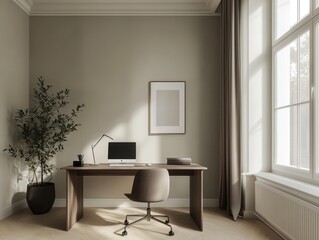 A modern and minimalist home office workspace with natural lighting