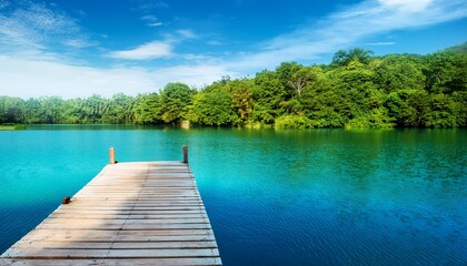 Fototapeta premium wooden dock over blue water with lush green trees background