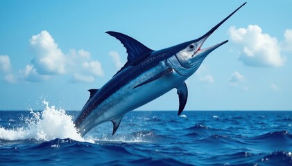 Fototapeta premium Massive blue marlin airborne, showing full body against azure backdrop, flying fish, animal