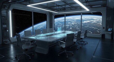 Futuristic space station conference room with earth view modern office 3d sci dark blue grey table