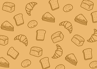 A set of bakery illustration pattern with brown background, food packaging, menu illustration hand drawn print ads, food business, coffee shop