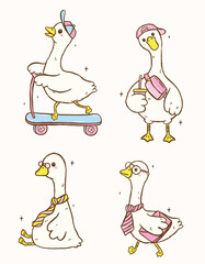 Cute Silly Goose Meme Clipart Set Funny Cartoon Character Hand Drawn Doodle Set