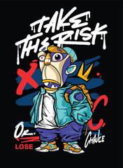 TAKE THE RISK A bold and edgy graffiti-style vector artwork featuring a streetwear-inspired character. The hand-drawn details, vibrant color palette, and modern urban aesthetic make it perfect for T-s