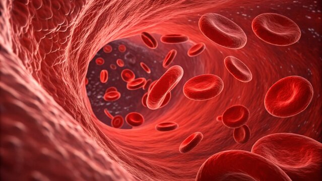Lower Blood Pressure concept, Blood cells flowing through a blood vessel in a detailed scientific illustration.