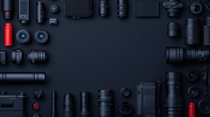 Obraz premium Arrangement of professional photography equipment on a dark background