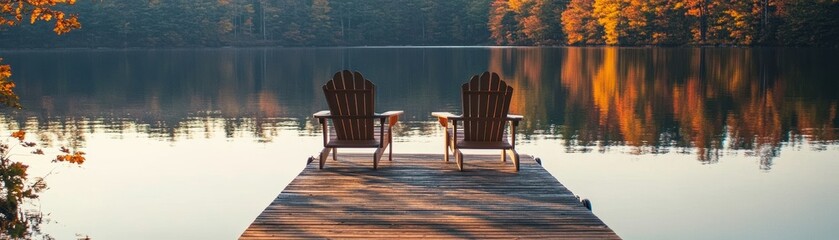 Fototapeta premium Tranquil lakeside dock with two empty Adirondack chairs, inviting relaxation and scenic views in nature's embrace.