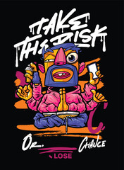 A bold and edgy graffiti-style vector artwork featuring a streetwear-inspired character. The hand-drawn details, vibrant color palette, and modern urban aesthetic make it perfect for T-shirt designs, 