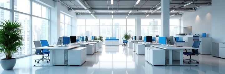 Sleek white furniture, blue details, spacious open plan office, blue, design