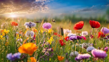 Fototapeta premium bunte bluhende sommerwiese mit wildblumen fur bienen und insekten