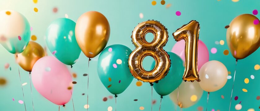 Colorful balloons celebrating a birthday party, festive decorations, number 81, cheerful atmosphere, celebration, confetti, joyful moments, milestone event.