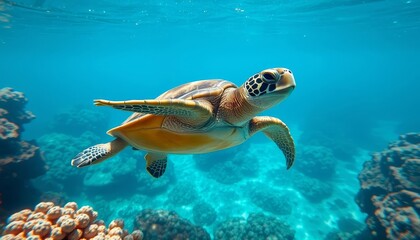Obraz premium A graceful sea turtle glides effortlessly through vibrant underwater scenery, showcasing its intricate shell patterns and powerful flippers amidst a coral reef.
