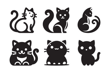 Set of cartoon style Cat Silhouette icon , isolated on a white background