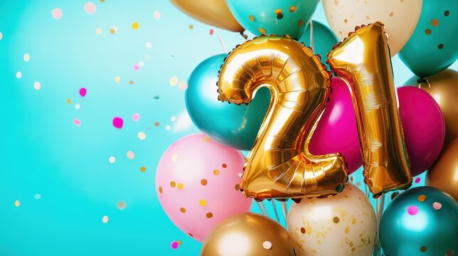 Colorful balloons and golden 21 celebration decor, vibrant party backdrop, birthday joy, festive atmosphere, confetti, youthful energy for milestone birthdays.