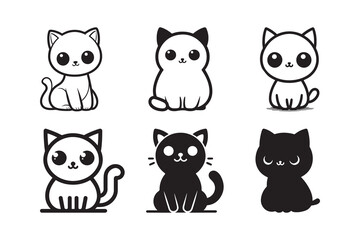 Set of cartoon style Cat Silhouette icon , isolated on a white background