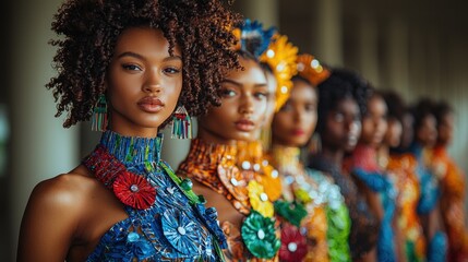 Fototapeta premium Diverse women in colorful mosaic attire.