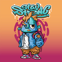 A colorful and dynamic graffiti cartoon character with exaggerated facial expressions, urban fashion, and stylish accessories. This vector illustration is ideal for T-shirt prints, merchandise, and di