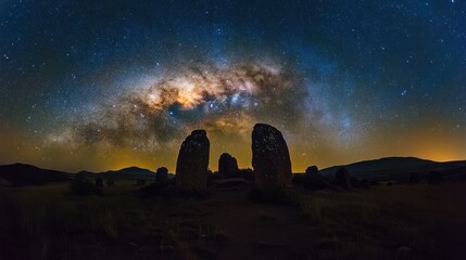 Milky Way over ancient stones at night