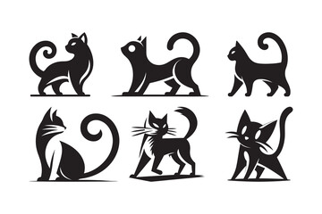 Set of cartoon style Cat Silhouette icon , isolated on a white background