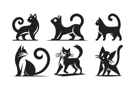 Set of cartoon style Cat Silhouette icon , isolated on a white background
