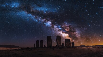 Milky Way Over Ancient Standing Stones, Starry Night Sky, Timeless Landscape