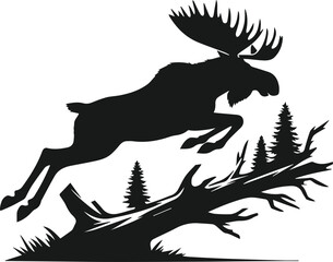 moose gracefully leaping over a fallen tree silhouette vector