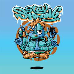 A colorful and dynamic graffiti cartoon character with exaggerated facial expressions, urban fashion, and stylish accessories. This vector illustration is ideal for T-shirt prints, merchandise, and di
