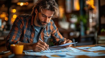 Obraz premium Focused man reviewing financial documents at a desk.