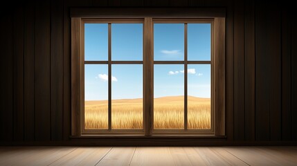 Fototapeta premium Rustic wooden window with a scenic view of golden wheat fields under a bright blue sky. Rural lifestyle and tranquility
