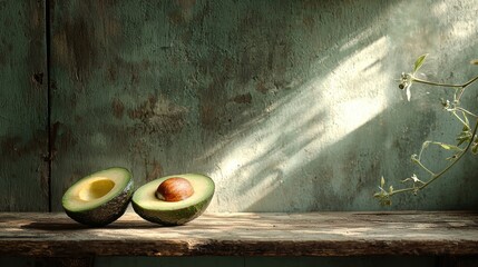 Halved Avocado on Wooden Table with Sunlight and Rustic Green Background